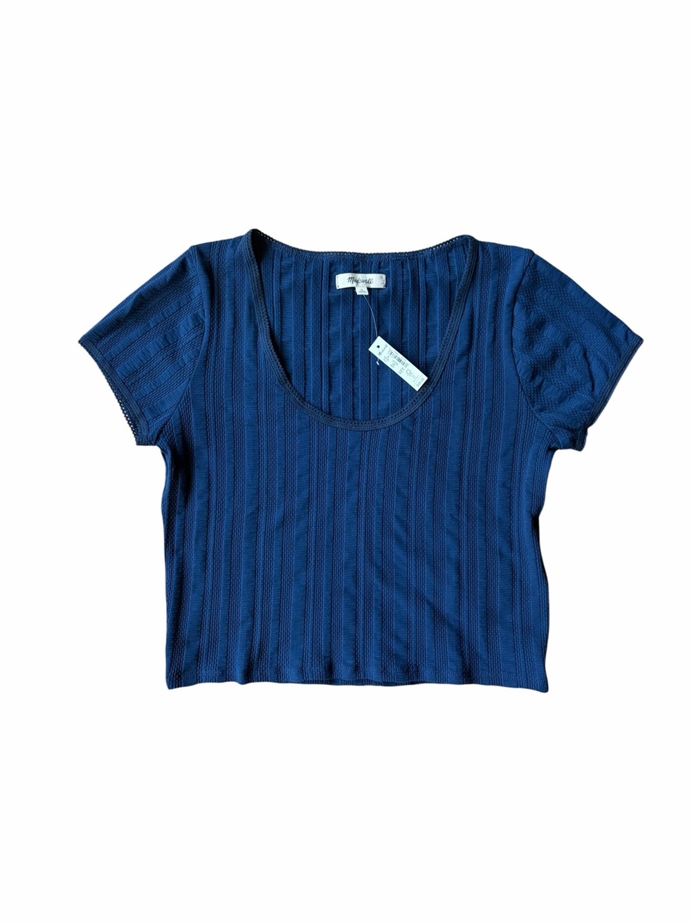 Madewell Classic Indigo Blue Pointelle Lace Trim Scoop Neck Crop Tee M NWT